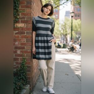 Old Navy Babydoll Sweater XL | Gray Striped Knit Top Y2K Soft Grunge Fall Layer